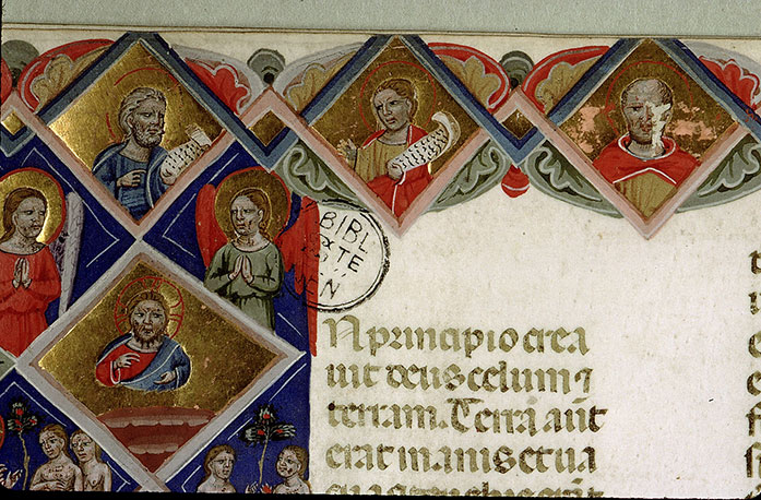 Bible - Création en sept tableaux et Christ en croix entre Marie et Jean/Dieu en majesté, Tétramorphe, évangélistes et apôtres_3