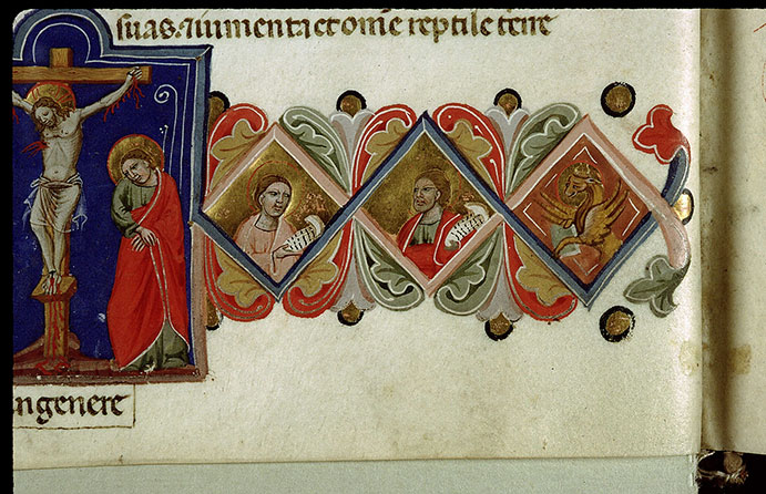 Bible - Création en sept tableaux et Christ en croix entre Marie et Jean/Dieu en majesté, Tétramorphe, évangélistes et apôtres_1