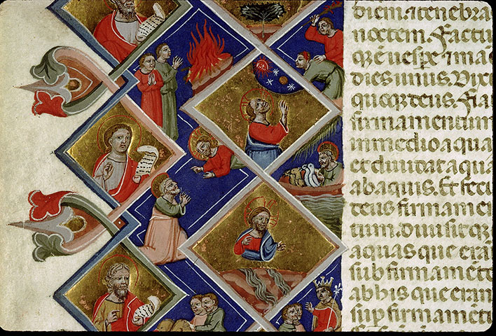 Bible - Création des astres/Déluge/Dieu ordonnant à Noé de construire l'arche/Meurtre de Caïn/Offrandes de Caïn et d'Abel/Séparation des eaux de la terre_1