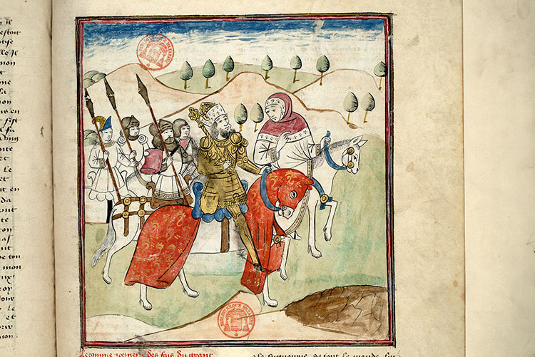 Fleur des histoires - Alexandre chevauchant avec Aristote et son armée