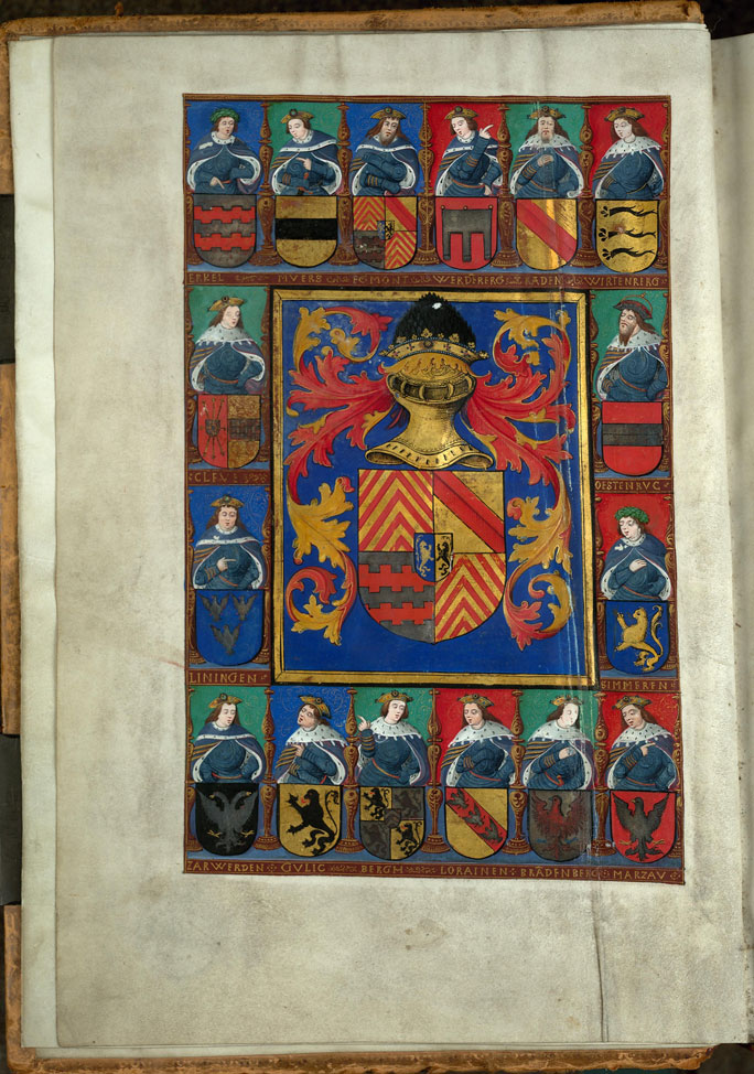 Bible - Armes de Georges d'Egmond, entourées de seize figures avec leurs armes