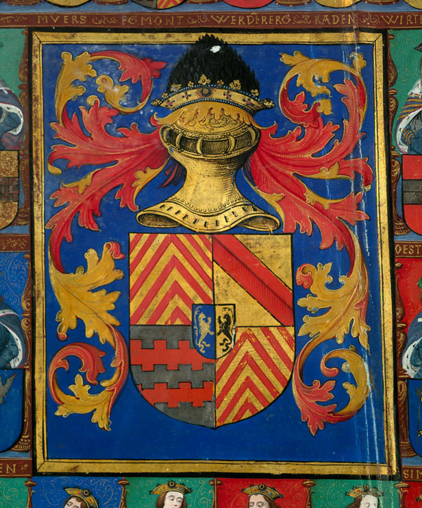 Bible - Armes de Georges d'Egmond, entourées de seize figures avec leurs armes_1