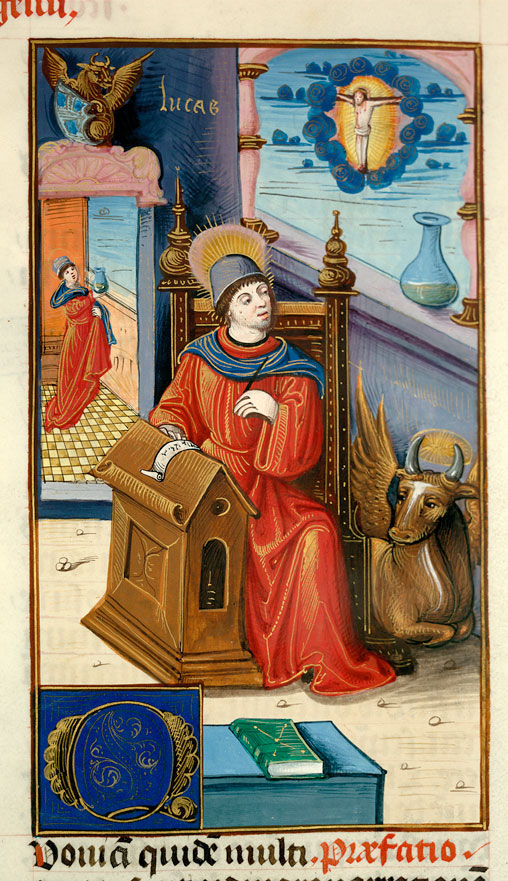 Bible - Saint Luc écrivant et son symbole, et le Christ en croix/Saint Luc médecin