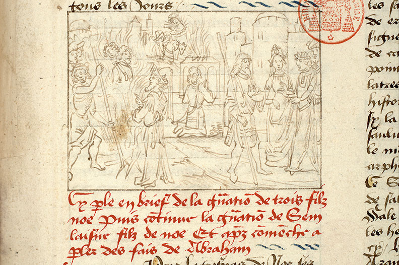 Fleur des histoires - Abraham et Sara devant Pharaon/Abraham et son frère dans le feu des Chaldéens/Abraham sacrifiant/Dieu apparaissant à Abraham