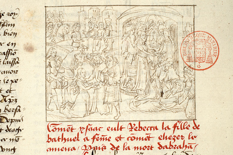 Fleur des histoires - Eliézer demandant à Bétuel la main de Rébecca/Ensevelissement d'Abraham/Isaac accueillant Rébecca/Noces d'Isaac et de Rébecca