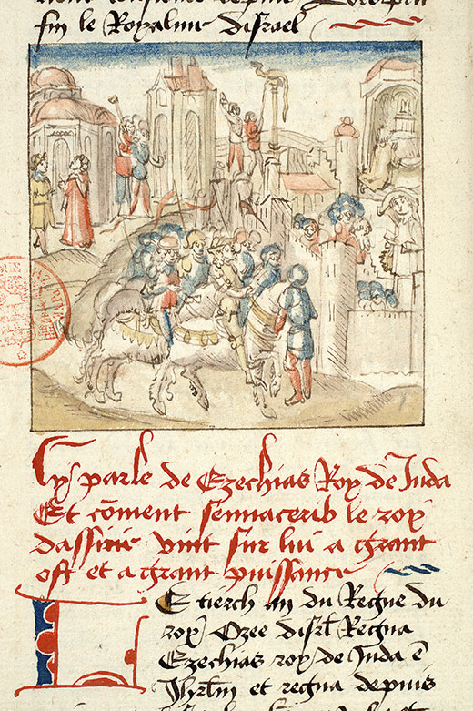 Fleur des histoires - Ezéchias en prière/Ezéchias et le serpent d'airain/Ezéchias rouvrant les portes du Temple/Troupes de Sennachérib devant Jérusalem