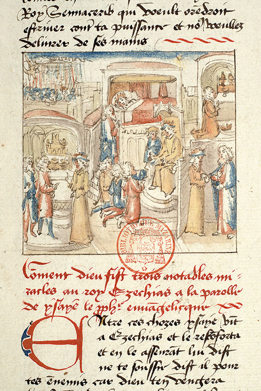Fleur des histoires - Ange exterminant les Assyriens de Sennachérib/Ezéchias en prière/Ezéchias recevant une ambassade de Merodak-Baladan/Isaïe au chevet d'Ezéchias