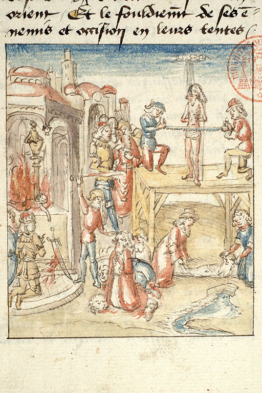 Fleur des histoires - Manassé ordonnant le massacre des prophètes/Manassé sacrifiant son fils à une idole/Martyre d'Isaïe