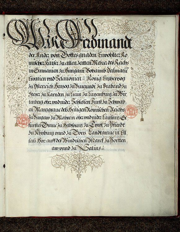 Diplôme faisant Jean et Jacques de Tilly comtes de l'Empire - Page décorée
