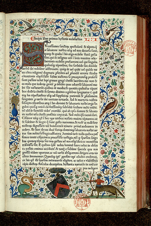 Historia ecclesiastica - Page décorée, avec armes de Jean Budé