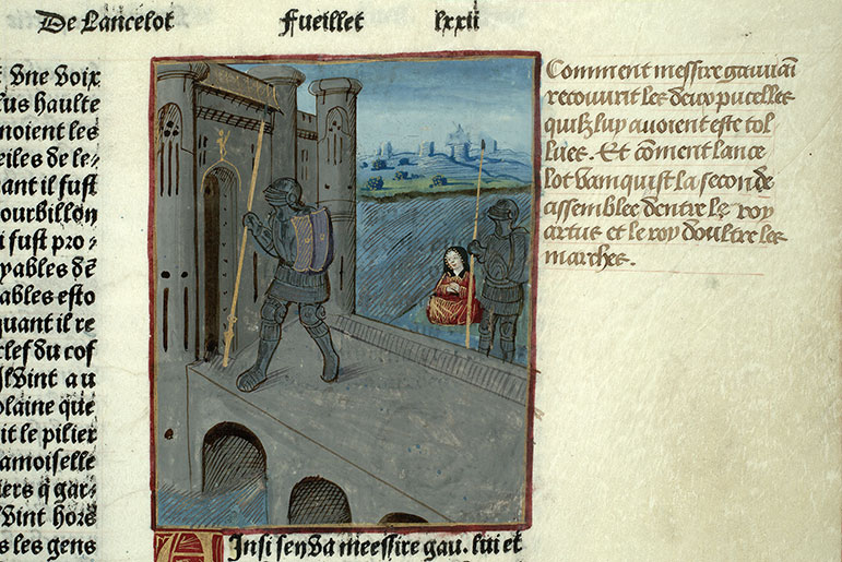 Lancelot en prose (partie du) - Gauvain, une demoiselle et le chevalier du Port arrivant à un château