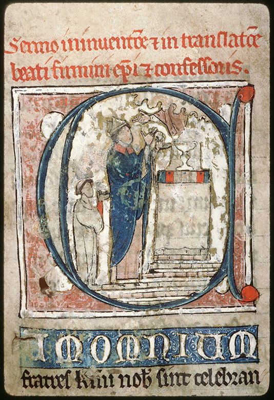 Lectionnaire de l'office (fragment ?) - Main divine bénissant saint Firmin confesseur au moment de l'élévation_0