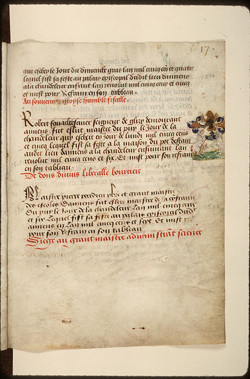 Registre des maîtres de la confrérie Notre-Dame du Puy d'Amiens - Armes de Robert Fouache_1
