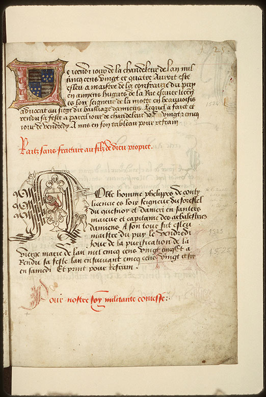 Registre des maîtres de la confrérie Notre-Dame du Puy d'Amiens - Armes d'Hugues de la Rue_1
