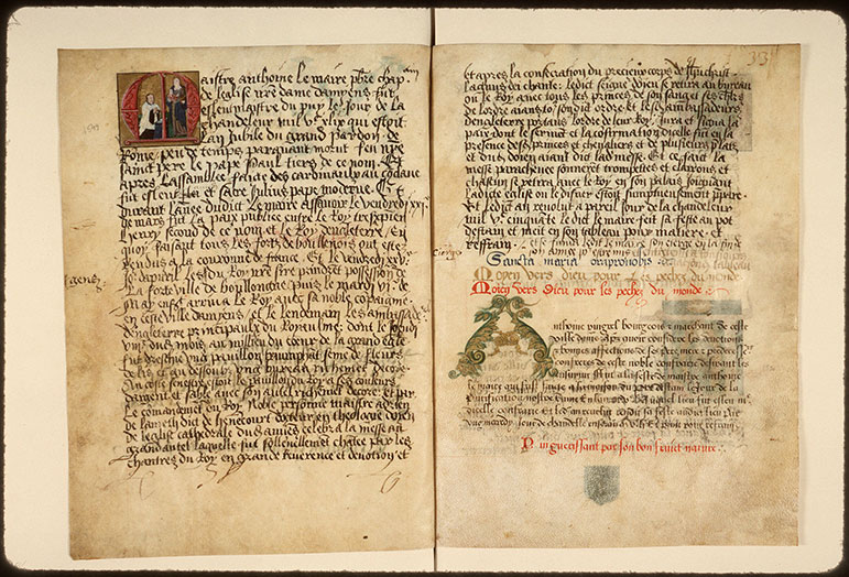 Registre des maîtres de la confrérie Notre-Dame du Puy d'Amiens - Antoine Lemaire priant la Vierge à l'Enfant_1