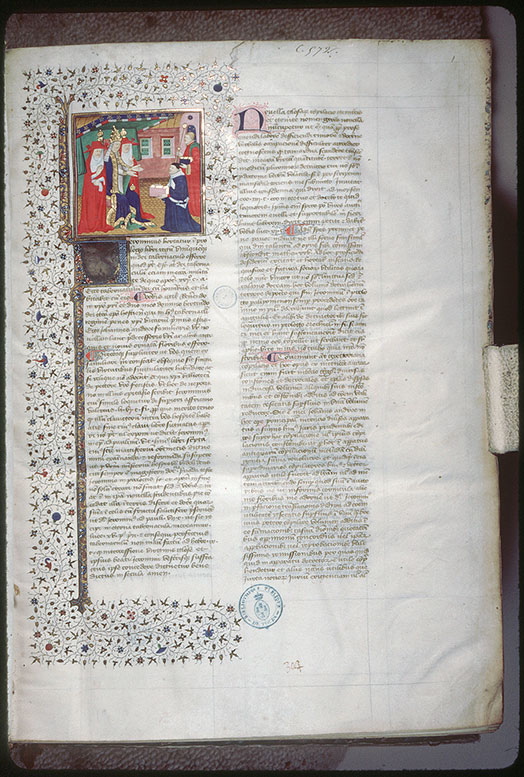 Novella in Decretales Gregorii VIIII - Page décorée, avec armes de Philippe de Coëtquis_1