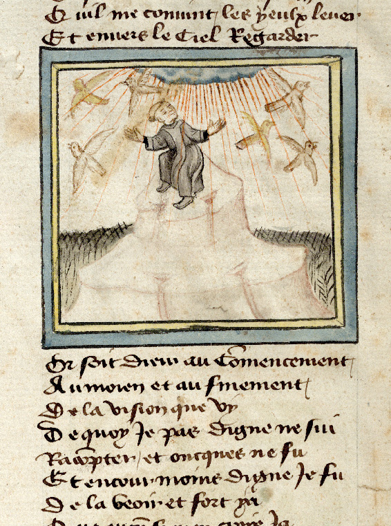 Pèlerinage de Jésus-Christ - Guillaume de Digulleville transporté par les oiseaux sur une montagne