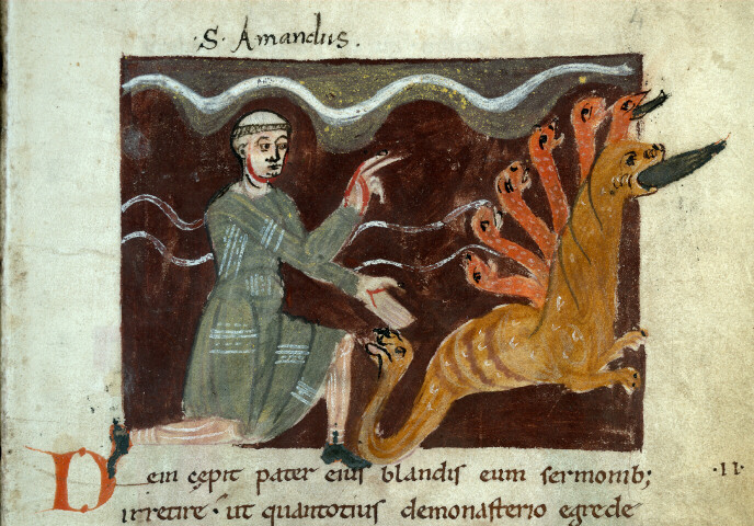 Vita et miracula s. Amandi - Saint Amand mettant en fuite un serpent à l'île d'Yeu