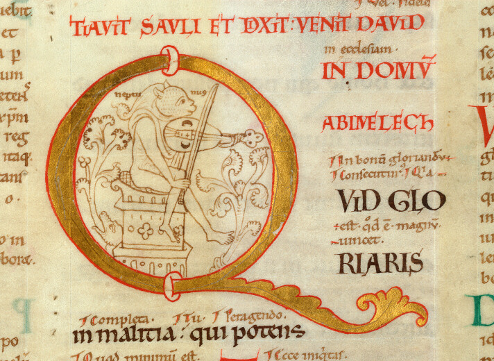 Bible glosée (partie de) - Neptune-démon jouant d'un instrument à archet