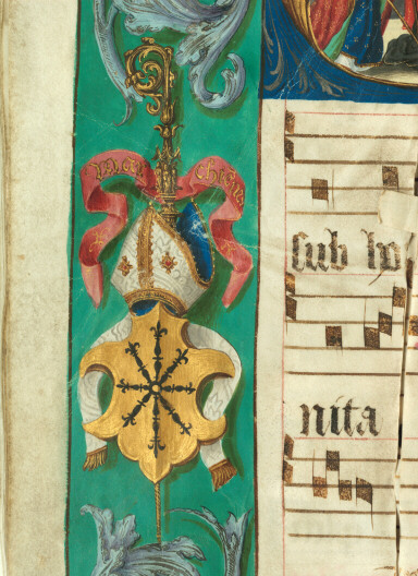 Graduel à l'usage de l'abbaye Sainte-Rictrude de Marchiennes - Page décorée, avec armes de l'abbaye de Marchiennes