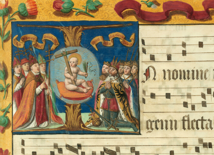Graduel à l'usage de l'abbaye Sainte-Rictrude de Marchiennes - Prélats et souverains agenouillés devant l'Enfant Jésus