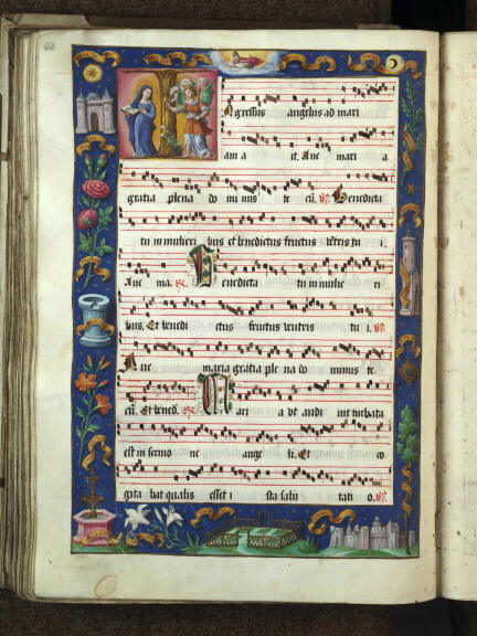 Antiphonaire à l'usage de l'abbaye Sainte-Rictrude de Marchiennes - Annonciation et emblèmes des litanies de la Vierge