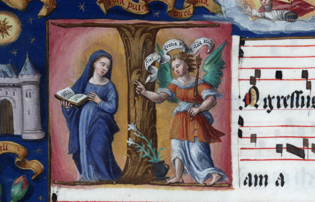 Antiphonaire à l'usage de l'abbaye Sainte-Rictrude de Marchiennes - Annonciation et emblèmes des litanies de la Vierge_1