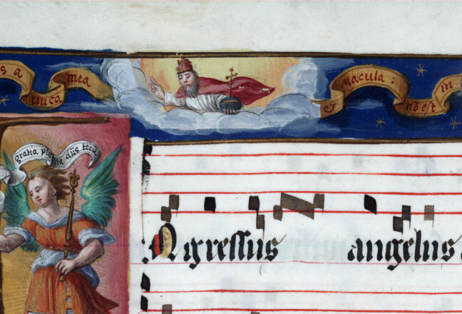 Antiphonaire à l'usage de l'abbaye Sainte-Rictrude de Marchiennes - Annonciation et emblèmes des litanies de la Vierge_2