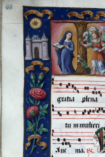 Antiphonaire à l'usage de l'abbaye Sainte-Rictrude de Marchiennes - Annonciation et emblèmes des litanies de la Vierge_3