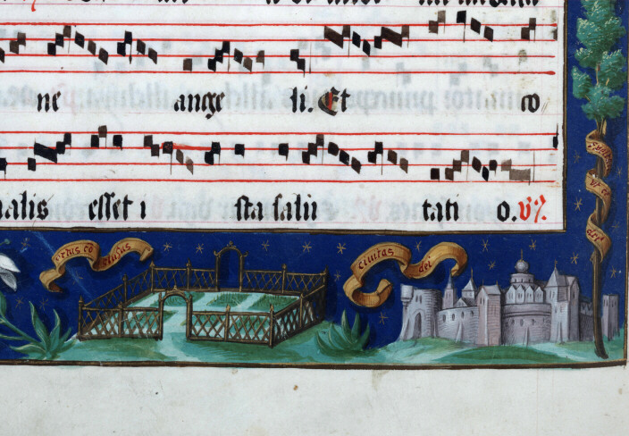 Antiphonaire à l'usage de l'abbaye Sainte-Rictrude de Marchiennes - Annonciation et emblèmes des litanies de la Vierge_5