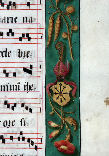 Antiphonaire à l'usage de l'abbaye Sainte-Rictrude de Marchiennes - Page décorée, avec armes de l'abbaye de Marchiennes