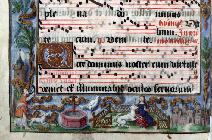 Antiphonaire à l'usage de l'abbaye Sainte-Rictrude de Marchiennes - Annonciation et emblèmes des litanies de la Vierge_2