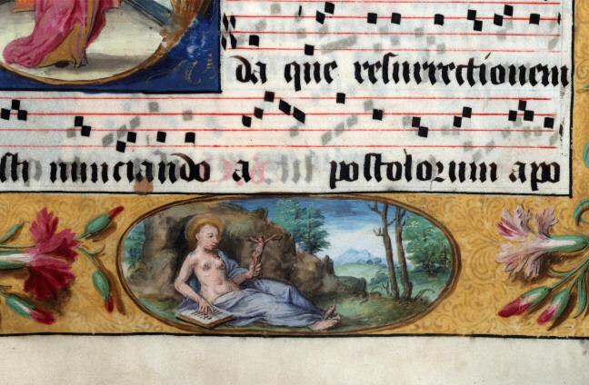 Antiphonaire à l'usage de l'abbaye Sainte-Rictrude de Marchiennes - Sainte Madeleine à la Sainte-Baume;Sainte Madeleine ravie par les anges