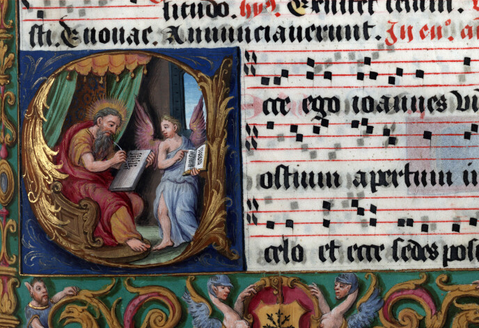 Antiphonaire à l'usage de l'abbaye Sainte-Rictrude de Marchiennes - Saint Matthieu écrivant et son symbole