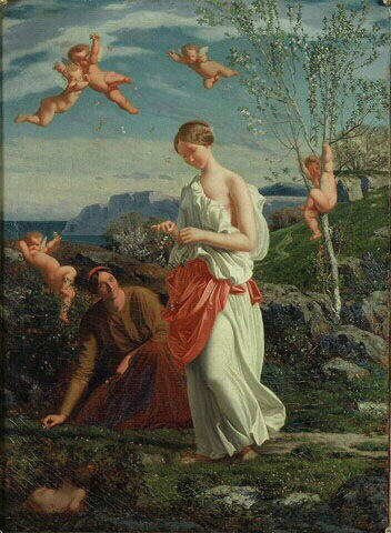 Deux jeunes filles cueillant des fleurs, Armand Cambon, 1850