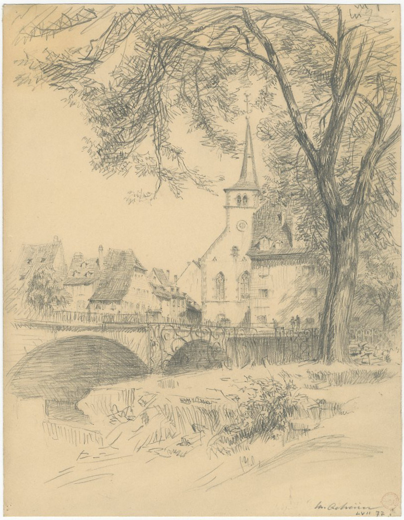 VUE DE STRASBOURG : EGLISE ET PONT SAINT-GUILLAUME, Maurice Achener, 1920 vers,?