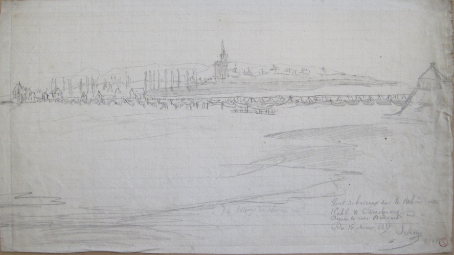 VUE D'ALSACE : PONT DE BATEAUX SUR LE RHIN ENTRE KEHL ET STRASBOURG_0