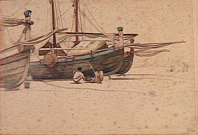 PORTO D'ANZIO, DEUX PECHEURS SURVEILLANT UNE MARMITE DEVANT TROIS BARQUES ECHOUEES_0