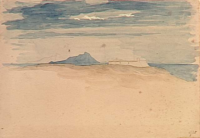 BATISSE BLANCHE ET ILOT ROCHEUX BLEU SOUS UN CIEL NUAGEUX_0