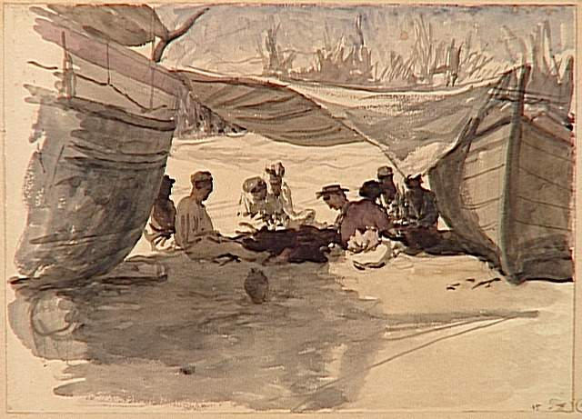 GROUPE DE PECHEURS ASSIS SUR LA PLAGE ENTRE DEUX BARQUES A L'OMBRE D'UNE VOILE_0