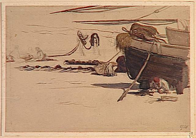 BARQUE ECHOUEE SUR LE SABLE ET PECHEUR SURVEILLANT SA MARMITE_0