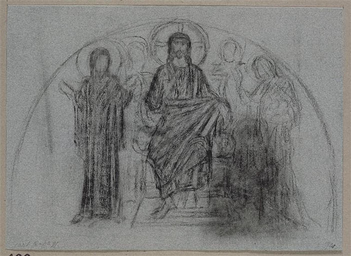 CHRIST TRONANT ENTRE LA VIERGE ET SAINTE GENEVIEVE ET DEUX PERSONNAGES A L'ARRIERE_0