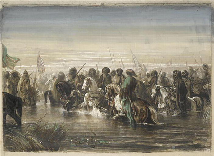 Cavalerie turque asiatique traversant un gué_0