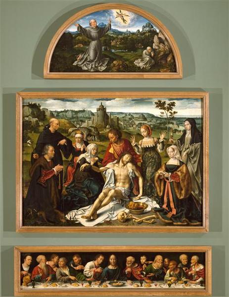 RETABLE DE LA DEPLORATION DU CHRIST : LA DEPLORATION DU CHRIST (PANNEAU CENTRAL) ; LA STIGMATISATION DE SAINT FRANCOIS (LUNETTE) ; LA CENE (PREDELLE)_0