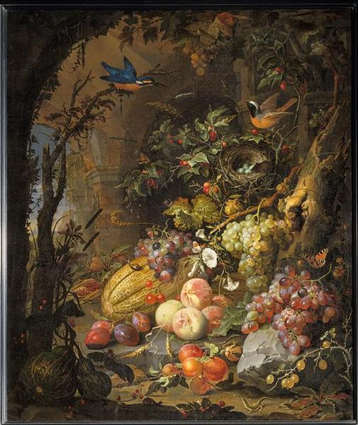 FLEURS, FRUITS, OISEAUX ET INSECTES DANS UN PAYSAGE AVEC RUINES_0