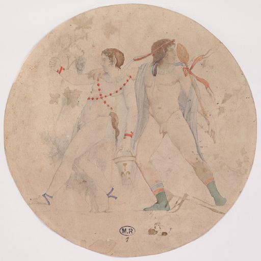 BACCHANALE D'APRES UN VASE ANTIQUE : DEUX PERSONNAGES ENLACES ; L'UN TENANT UN THYRSE, L'AUTRE UN SEAU_0