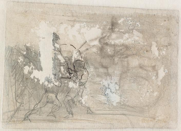 ENCRIER : ENFANT A CALIFOURCHON SUR UN MOTIF ORNEMENTAL AU RECTO ; DEUX PERSONNAGES AU VERSO_1