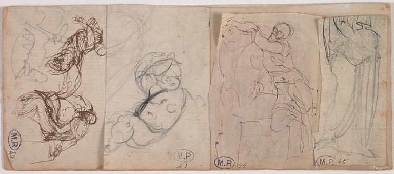 FEUILLE DE QUATRE CROQUIS : PERSONNAGES DRAPES ET ASSIS ; ENFANT NU A DEMI-ALLONGE ; HOMME APPUYE CONTRE UN TORSE ; DRAPE_0