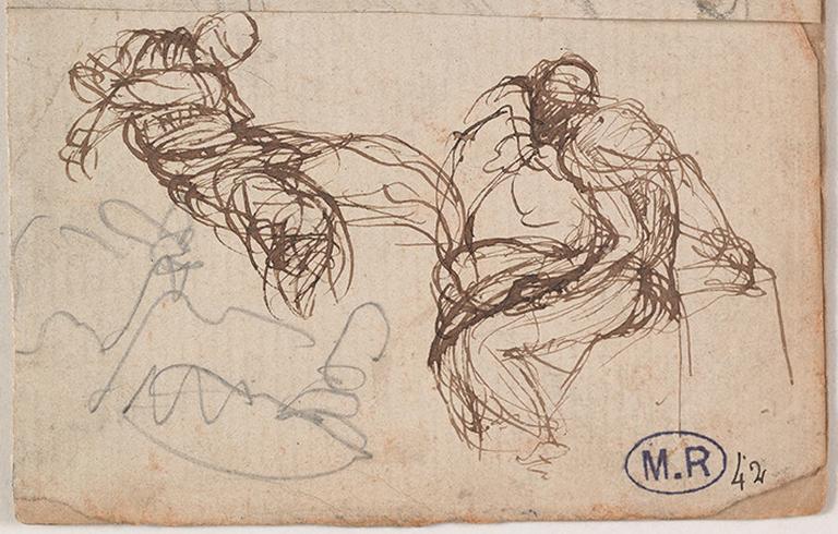 FEUILLE DE QUATRE CROQUIS : PERSONNAGES DRAPES ET ASSIS ; ENFANT NU A DEMI-ALLONGE ; HOMME APPUYE CONTRE UN TORSE ; DRAPE_1