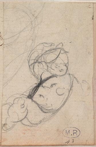 FEUILLE DE QUATRE CROQUIS : PERSONNAGES DRAPES ET ASSIS ; ENFANT NU A DEMI-ALLONGE ; HOMME APPUYE CONTRE UN TORSE ; DRAPE_4